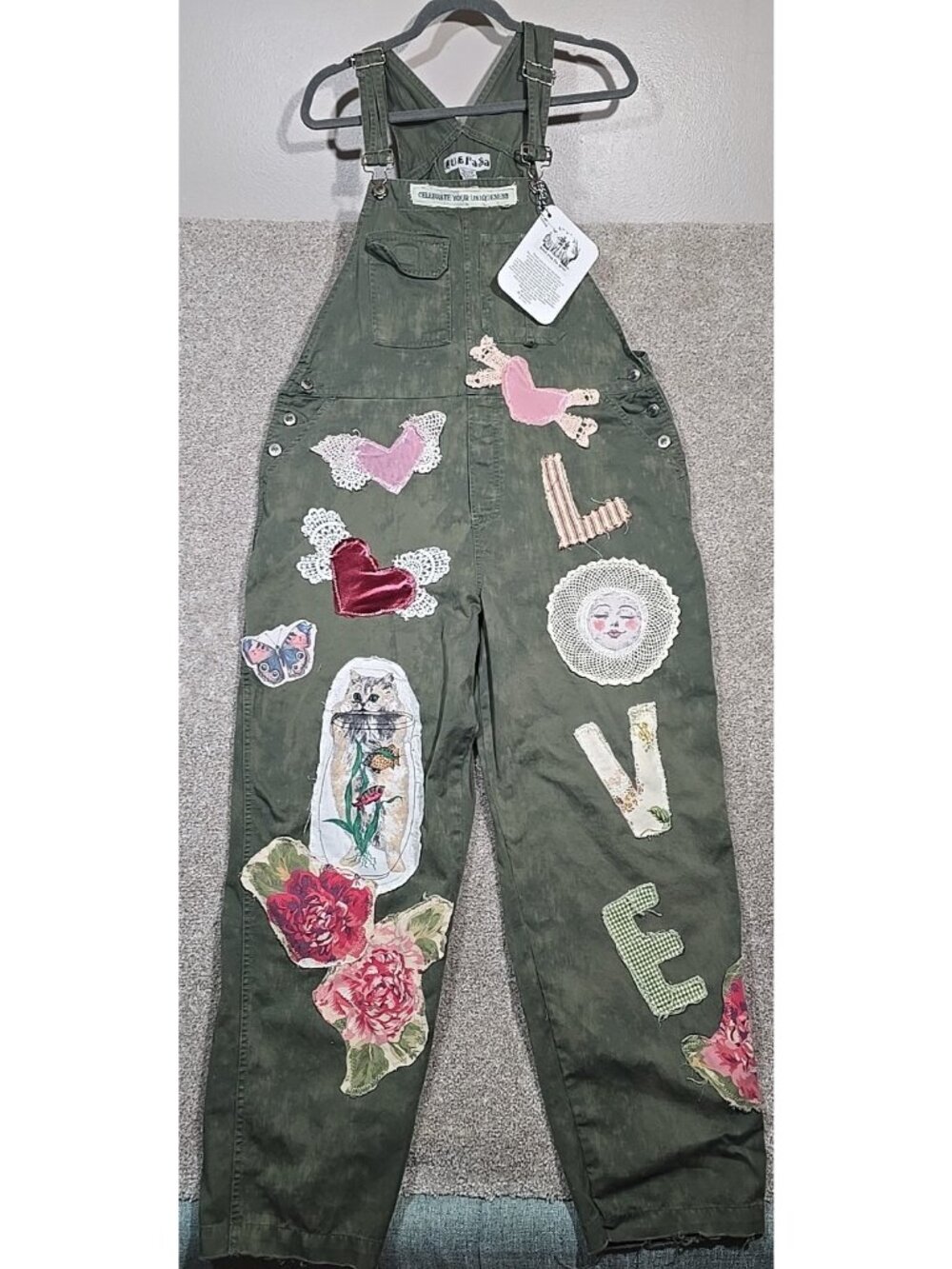OOAK Magnolia Boho Bib Overalls Jumper Upcycle Cat Floral Wear ART Women's L/XL
